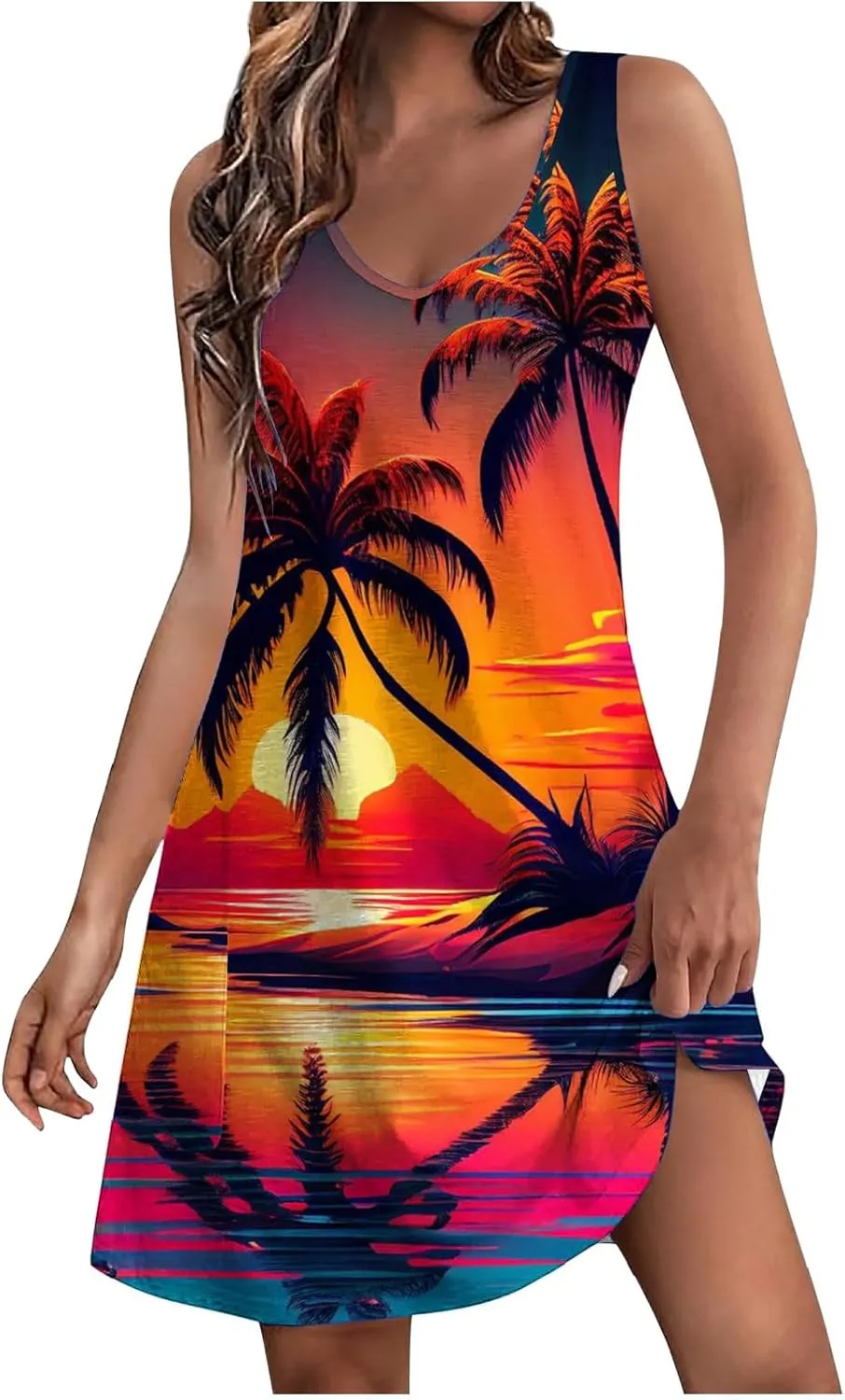 Mzkdieey Women's Summer Dresses 2024 Casual Sleeveless V Neck Sunset Beach Palm Tree Print Tank Loose Sundress with Pockets
