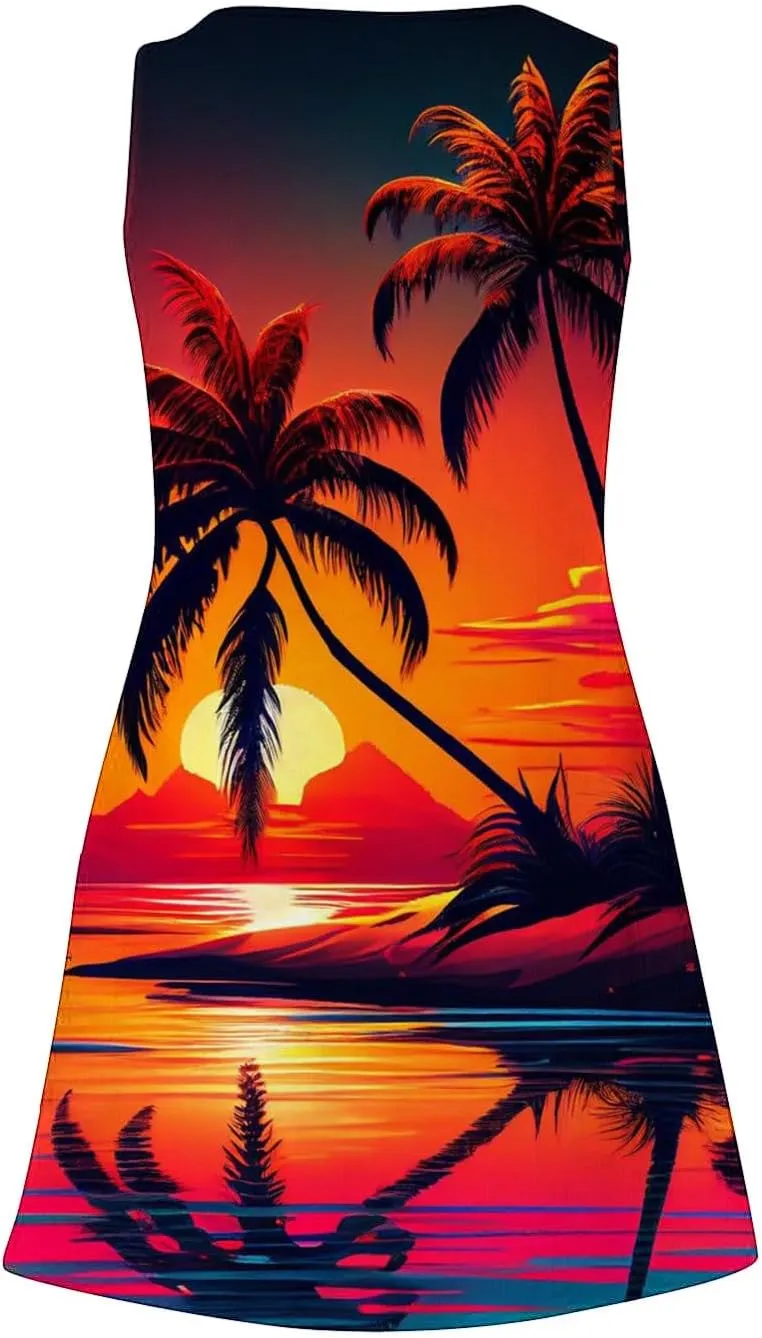 Mzkdieey Women's Summer Dresses 2024 Casual Sleeveless V Neck Sunset Beach Palm Tree Print Tank Loose Sundress with Pockets