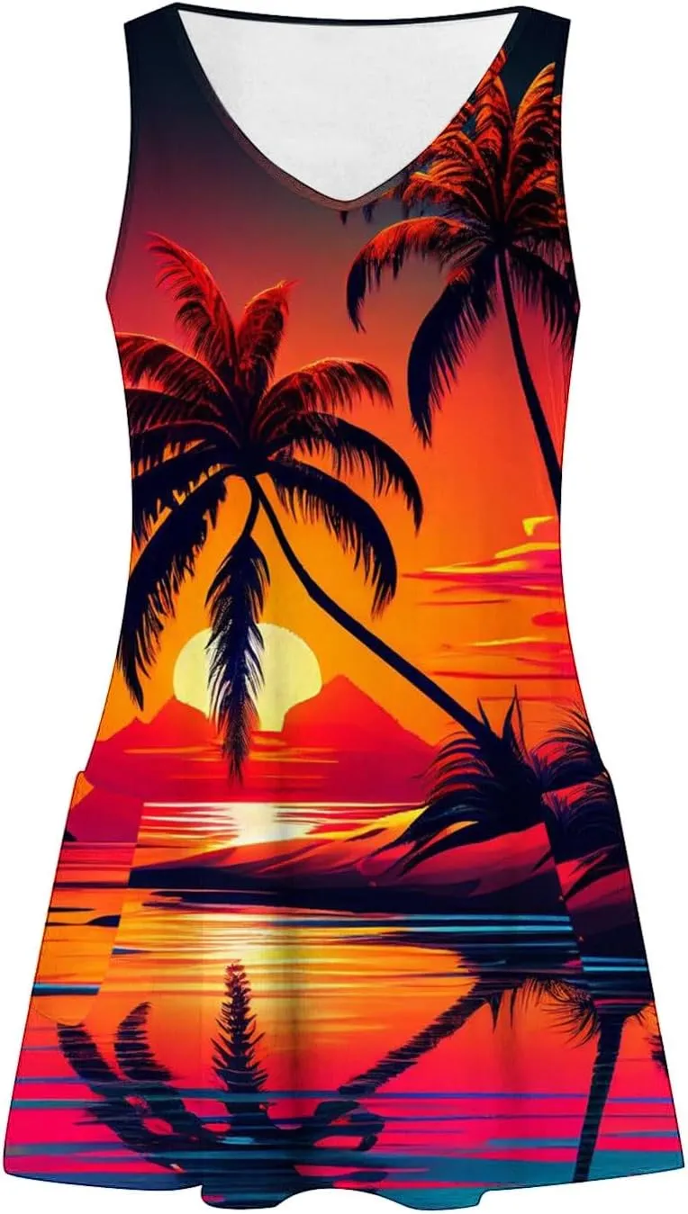 Mzkdieey Women's Summer Dresses 2024 Casual Sleeveless V Neck Sunset Beach Palm Tree Print Tank Loose Sundress with Pockets