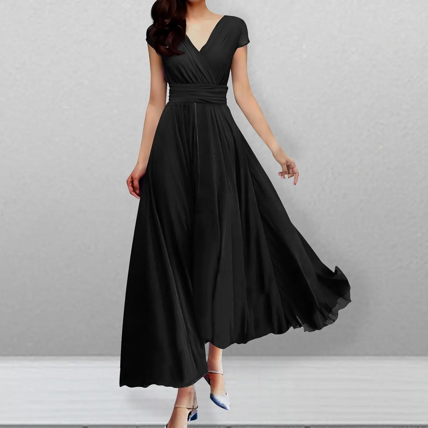 Oplxuo V Neck Long Bridesmaid Dresses Cap Sleeves Pleated Chiffon Formal Evening Prom Gown Plus Size Maxi Dress for Women