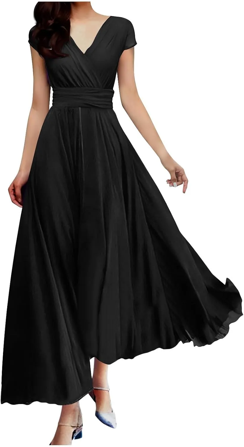 Oplxuo V Neck Long Bridesmaid Dresses Cap Sleeves Pleated Chiffon Formal Evening Prom Gown Plus Size Maxi Dress for Women