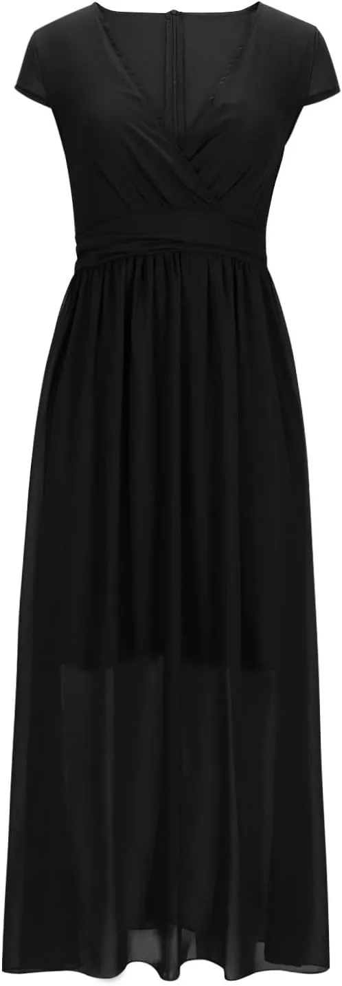 Oplxuo V Neck Long Bridesmaid Dresses Cap Sleeves Pleated Chiffon Formal Evening Prom Gown Plus Size Maxi Dress for Women