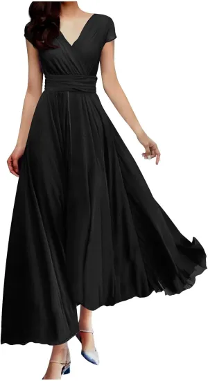 Oplxuo V Neck Long Bridesmaid Dresses Cap Sleeves Pleated Chiffon Formal Evening Prom Gown Plus Size Maxi Dress for Women