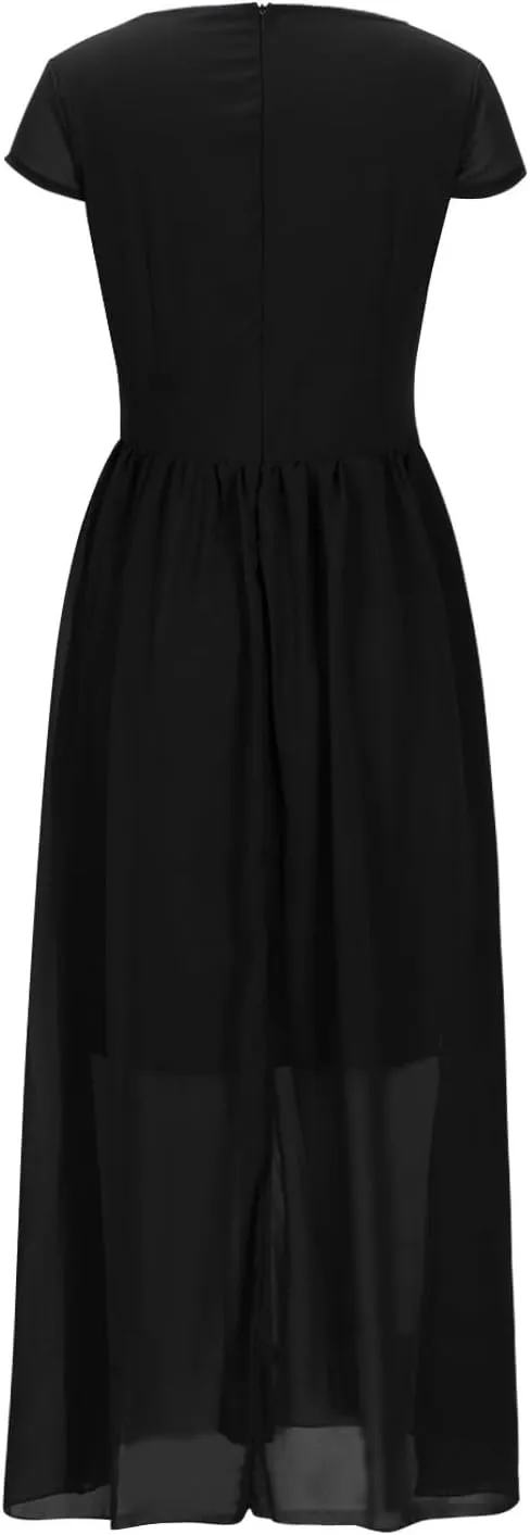 Oplxuo V Neck Long Bridesmaid Dresses Cap Sleeves Pleated Chiffon Formal Evening Prom Gown Plus Size Maxi Dress for Women