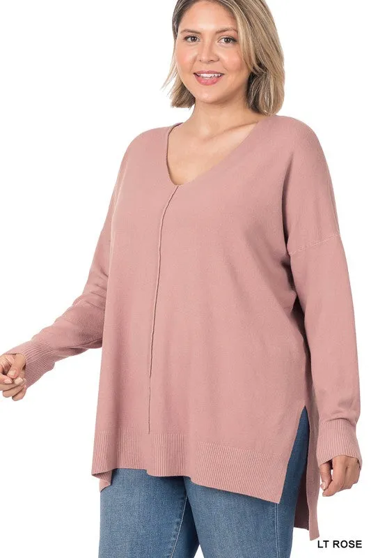 Plus Hi-low Hem V-Neck Center Seam Sweater