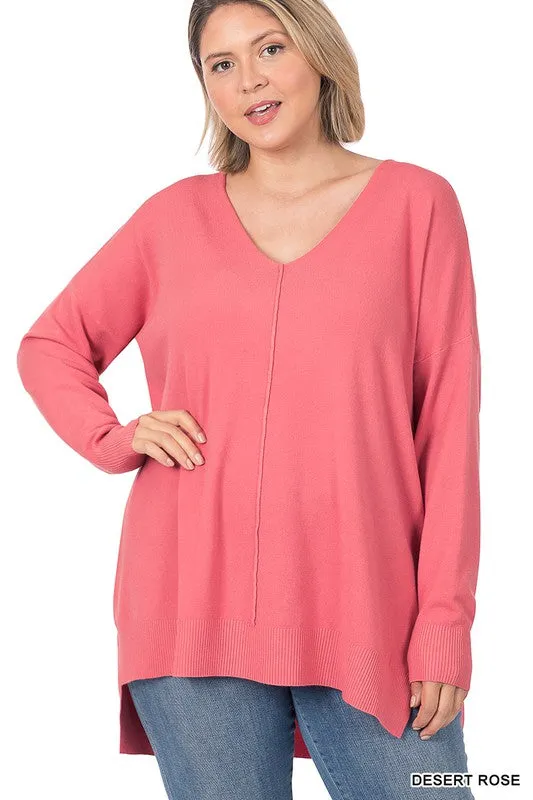 Plus Hi-low Hem V-Neck Center Seam Sweater