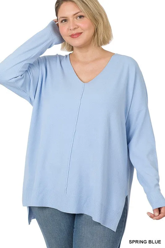Plus Hi-low Hem V-Neck Center Seam Sweater