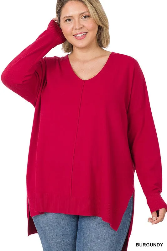 Plus Hi-low Hem V-Neck Center Seam Sweater