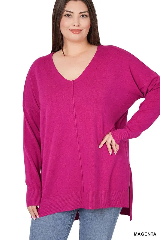Plus Hi-low Hem V-Neck Center Seam Sweater