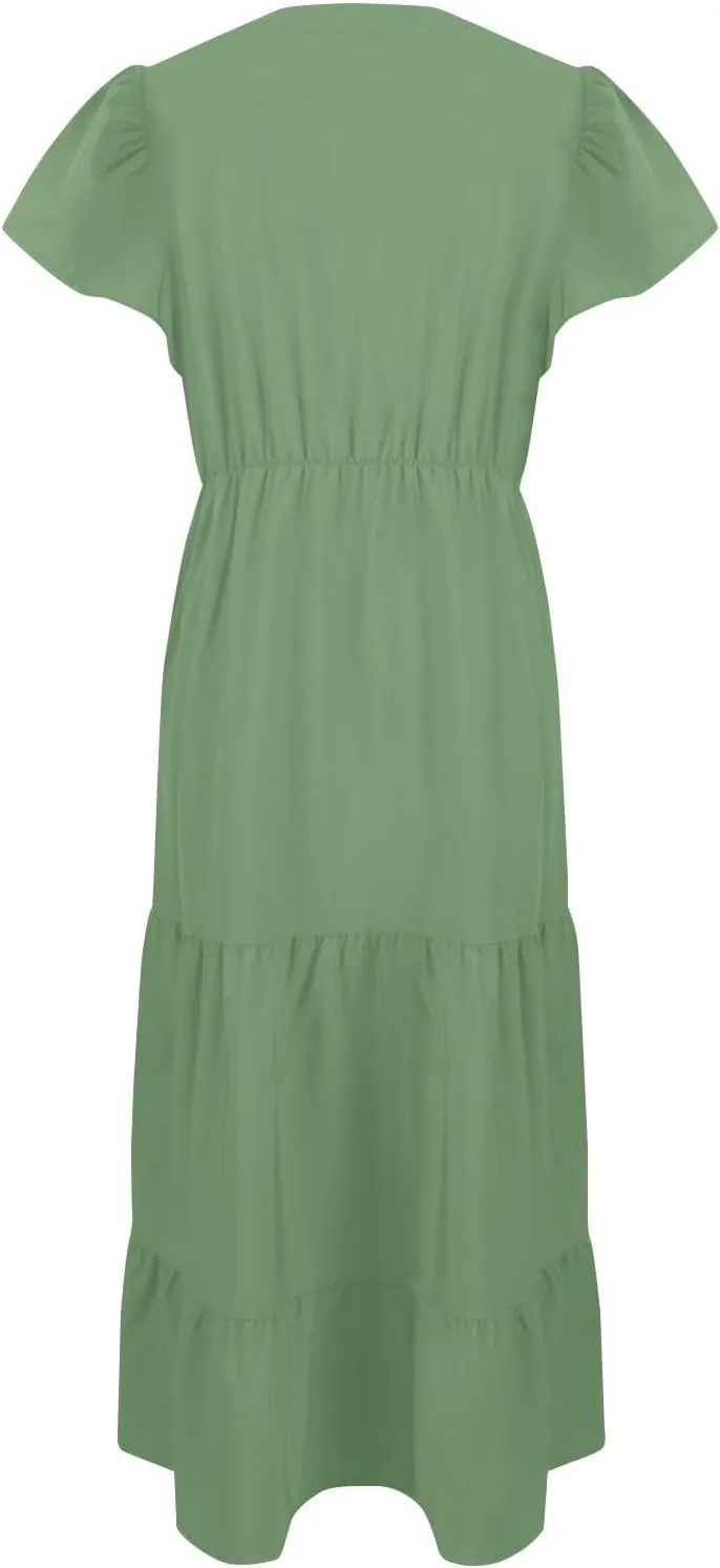 Plus Size Summer Dresses Casual Sleeveless High Waist Smocked Sundress V Neck Loose Beach Long Dress with Pockets