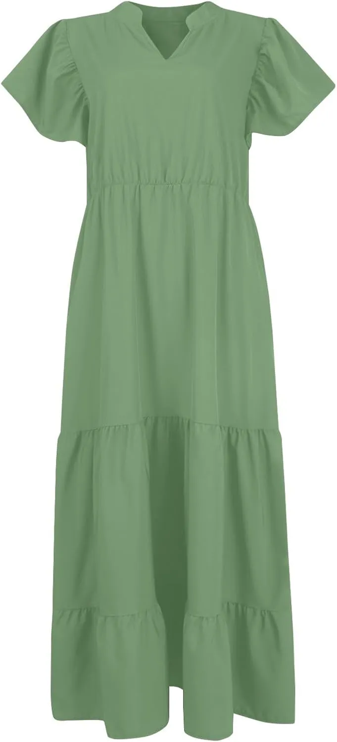 Plus Size Summer Dresses Casual Sleeveless High Waist Smocked Sundress V Neck Loose Beach Long Dress with Pockets