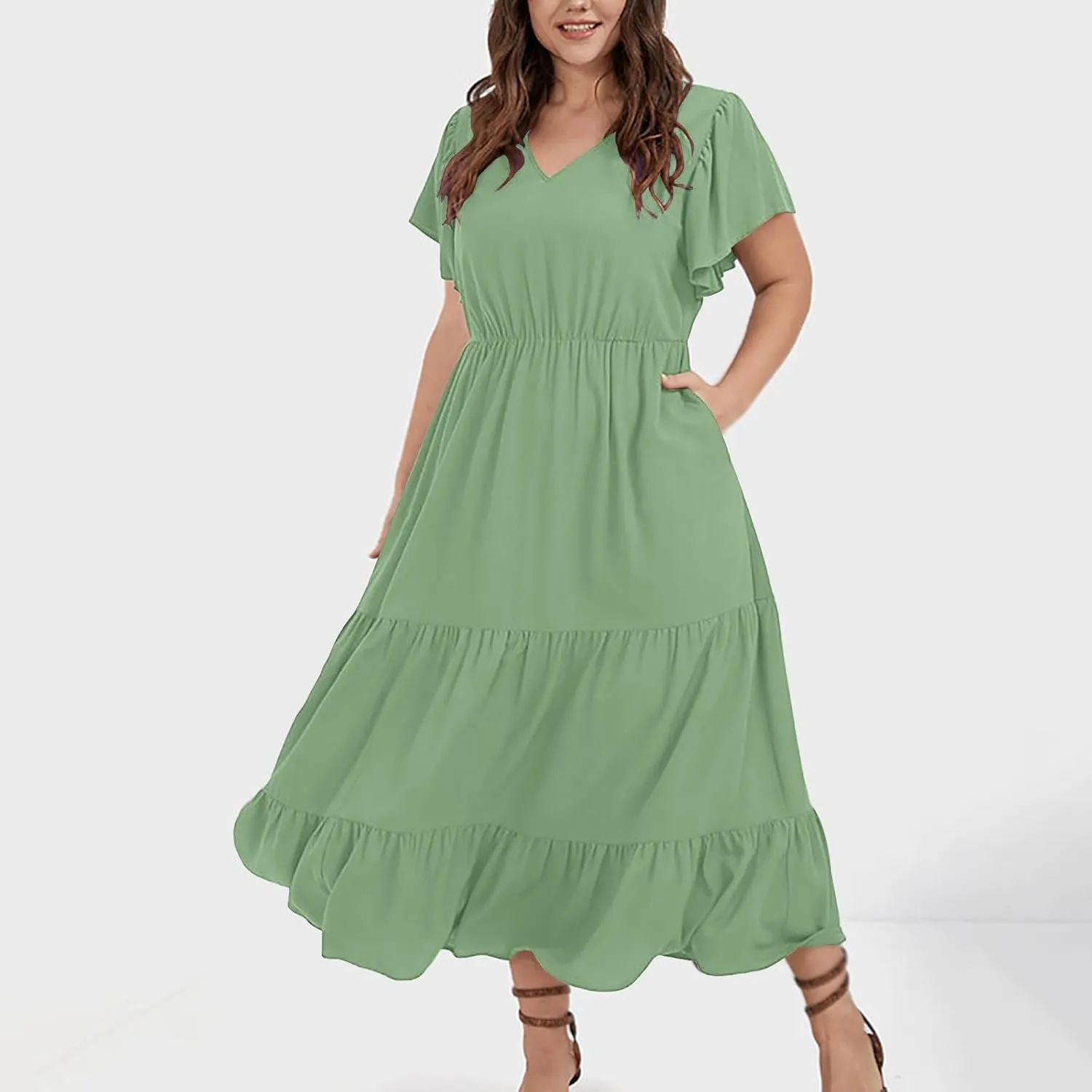 Plus Size Summer Dresses Casual Sleeveless High Waist Smocked Sundress V Neck Loose Beach Long Dress with Pockets