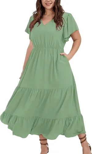 Plus Size Summer Dresses Casual Sleeveless High Waist Smocked Sundress V Neck Loose Beach Long Dress with Pockets