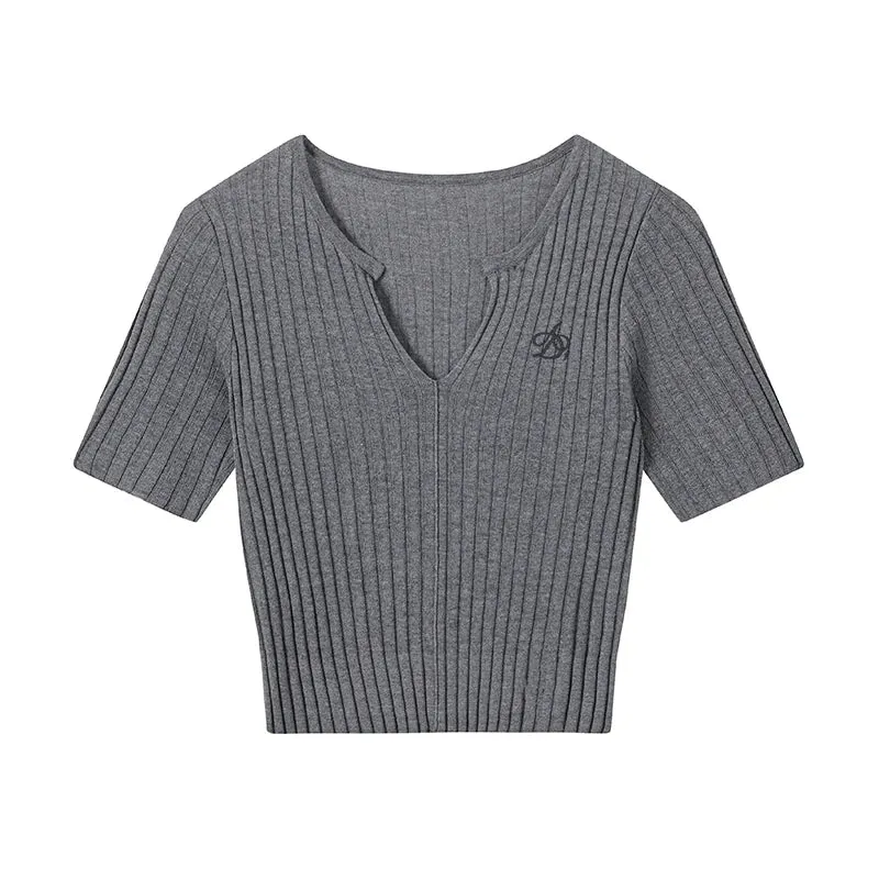 Ribbed Crop Top: Stylish V-Neck Short Sleeve Knit in Charcoal Grey