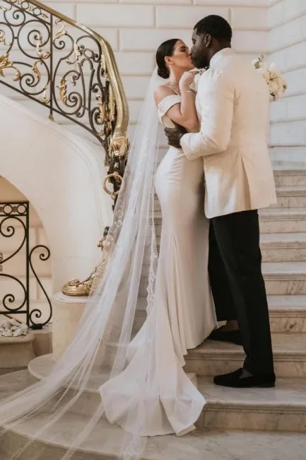 Romantic spaghetti straps cap sleeves mermaid satin Wedding dress