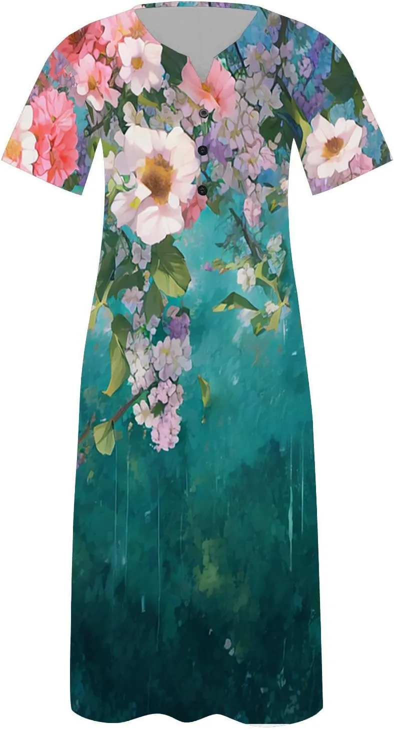 Short Sleeve Dress for Women 2025 Casual Floral Summer Maxi Dresses Button V Neck Flowy Beach Vacation Sundress