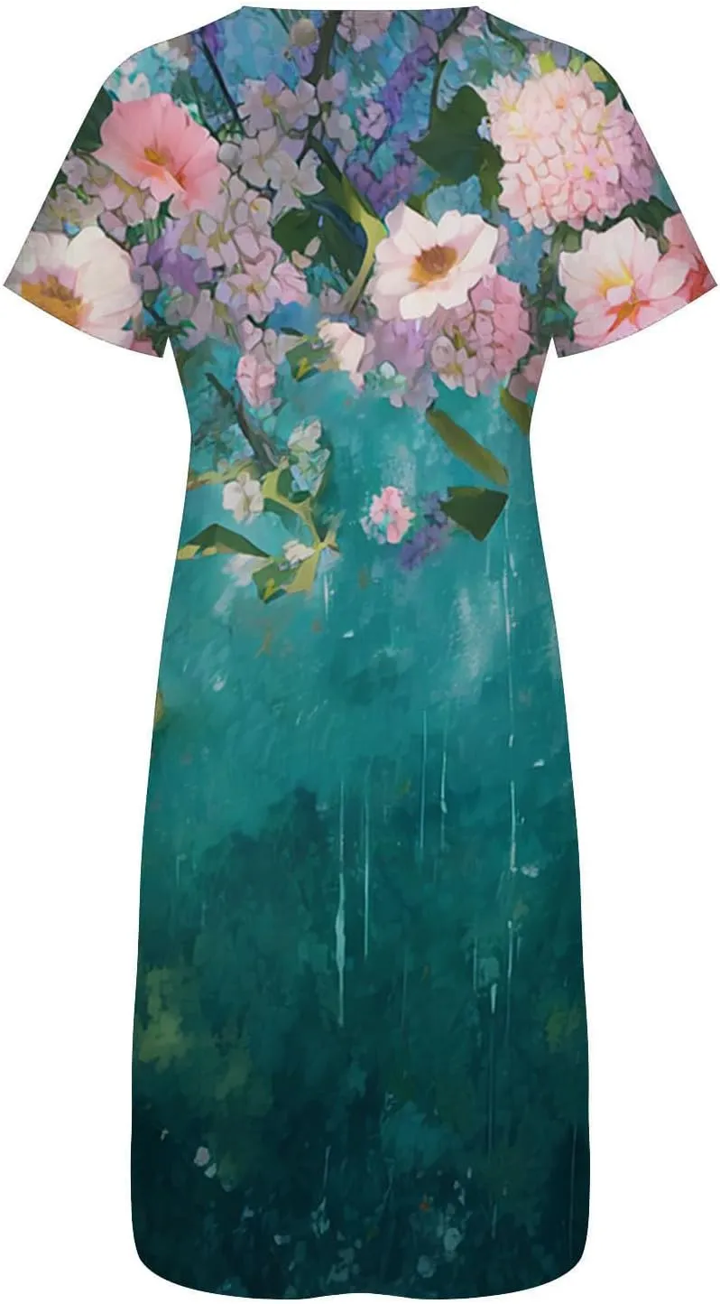 Short Sleeve Dress for Women 2025 Casual Floral Summer Maxi Dresses Button V Neck Flowy Beach Vacation Sundress