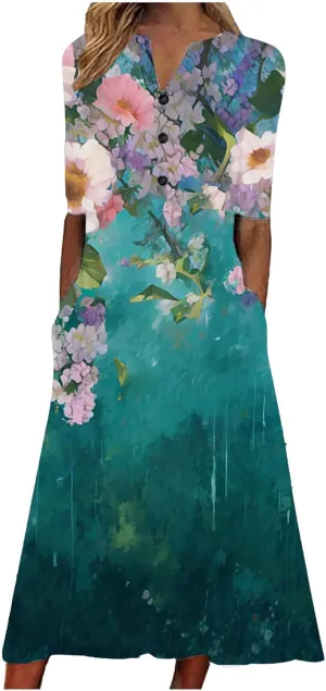 Short Sleeve Dress for Women 2025 Casual Floral Summer Maxi Dresses Button V Neck Flowy Beach Vacation Sundress