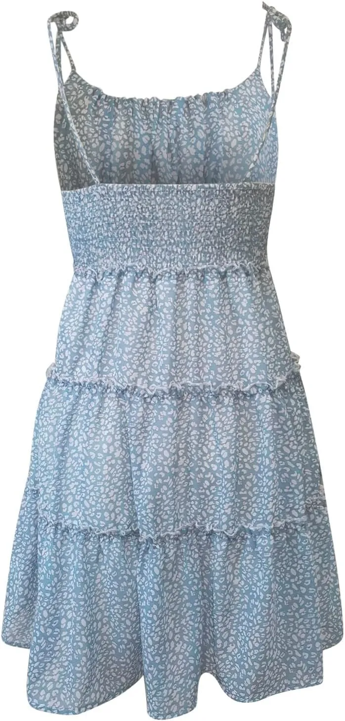 Short Sundresses for Women 2025 Summer Spaghetti Strap Backless Ditsy Floral Dress Summer Tiered Ruffle Mini Dress