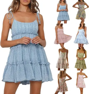 Short Sundresses for Women 2025 Summer Spaghetti Strap Backless Ditsy Floral Dress Summer Tiered Ruffle Mini Dress