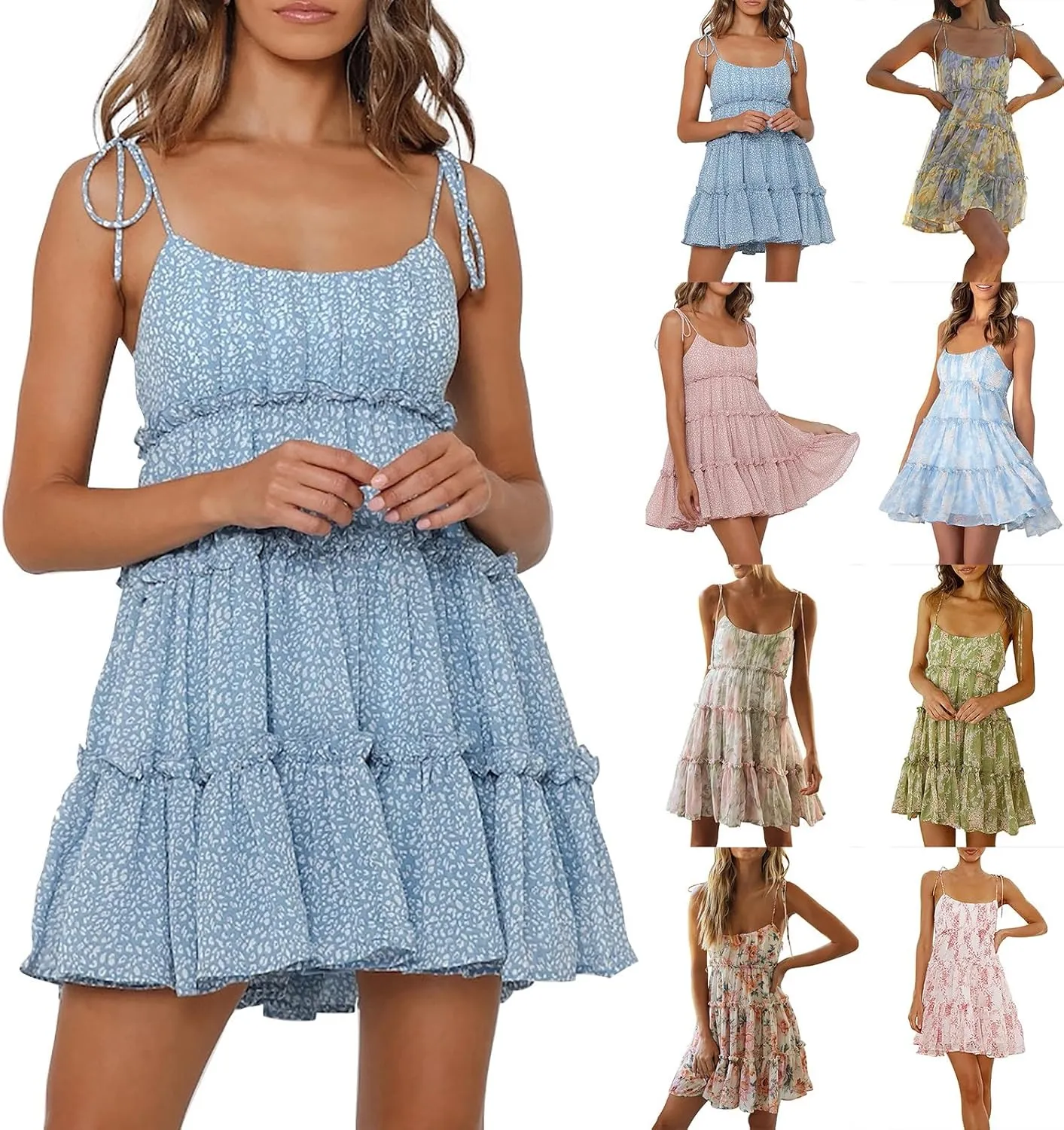 Short Sundresses for Women 2025 Summer Spaghetti Strap Backless Ditsy Floral Dress Summer Tiered Ruffle Mini Dress