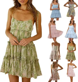 Short Sundresses for Women 2025 Summer Spaghetti Strap Backless Ditsy Floral Dress Summer Tiered Ruffle Mini Dress