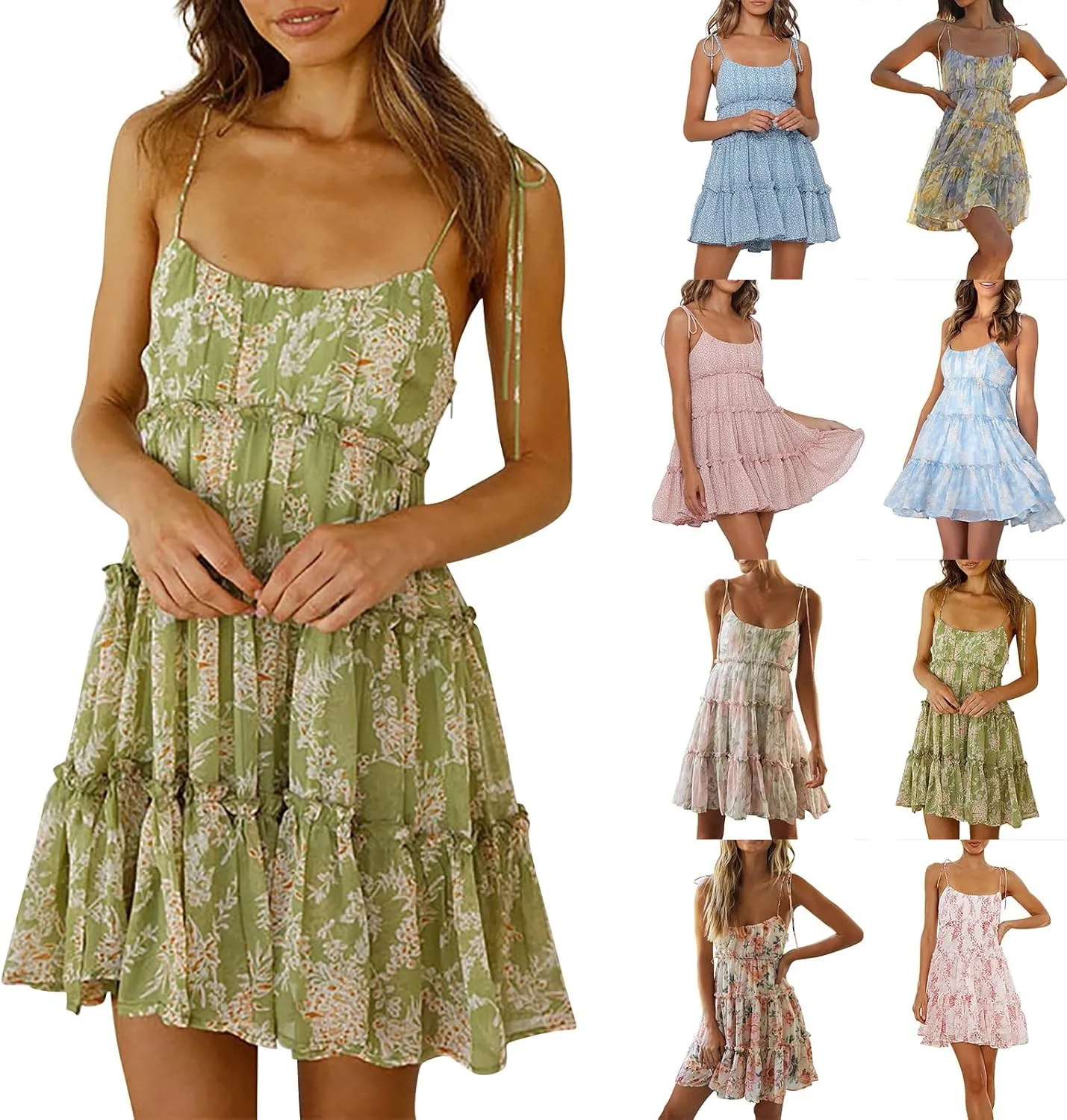 Short Sundresses for Women 2025 Summer Spaghetti Strap Backless Ditsy Floral Dress Summer Tiered Ruffle Mini Dress