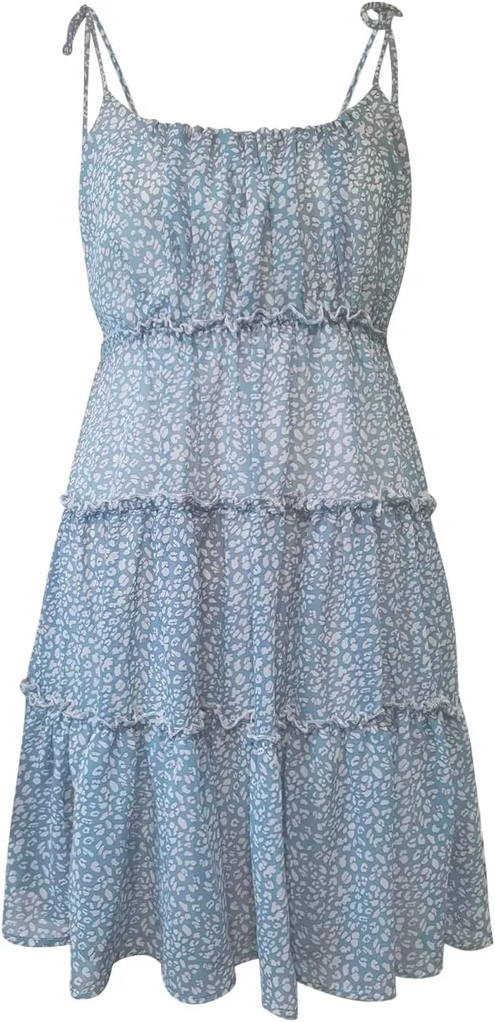 Short Sundresses for Women 2025 Summer Spaghetti Strap Backless Ditsy Floral Dress Summer Tiered Ruffle Mini Dress