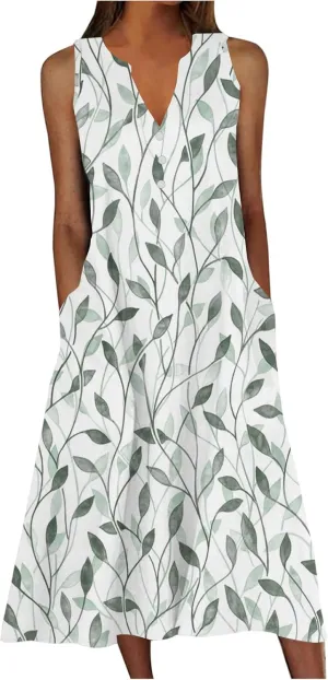 Sleeveless Maxi Dress for Women Summer Casual Crewneck Beach Sundress Flowy Button V Neck Aline Dress Vacation Outfits