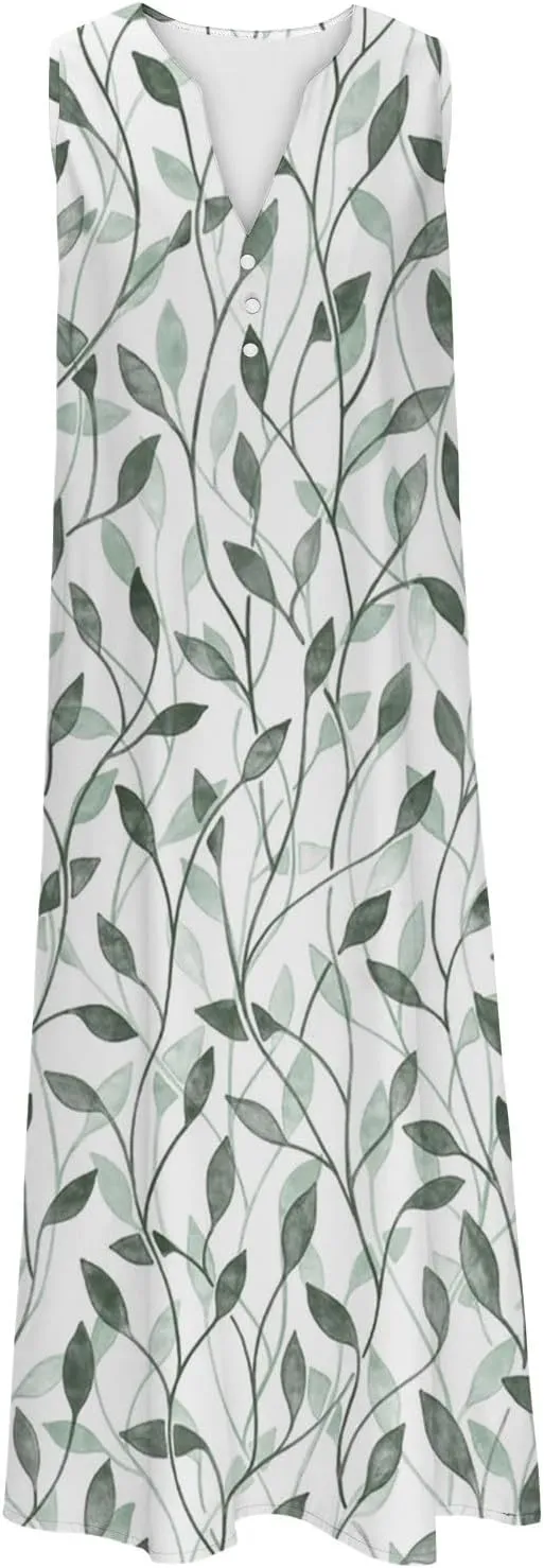 Sleeveless Maxi Dress for Women Summer Casual Crewneck Beach Sundress Flowy Button V Neck Aline Dress Vacation Outfits