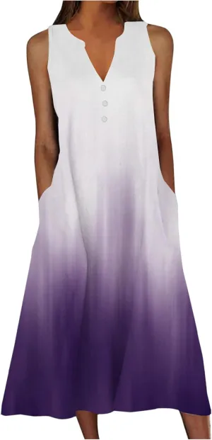 Sleeveless Maxi Dress for Women Summer Casual Crewneck Beach Sundress Flowy Button V Neck Aline Dress Vacation Outfits