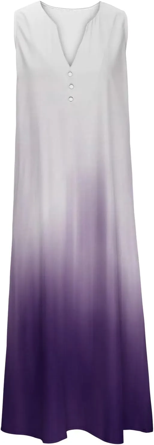 Sleeveless Maxi Dress for Women Summer Casual Crewneck Beach Sundress Flowy Button V Neck Aline Dress Vacation Outfits
