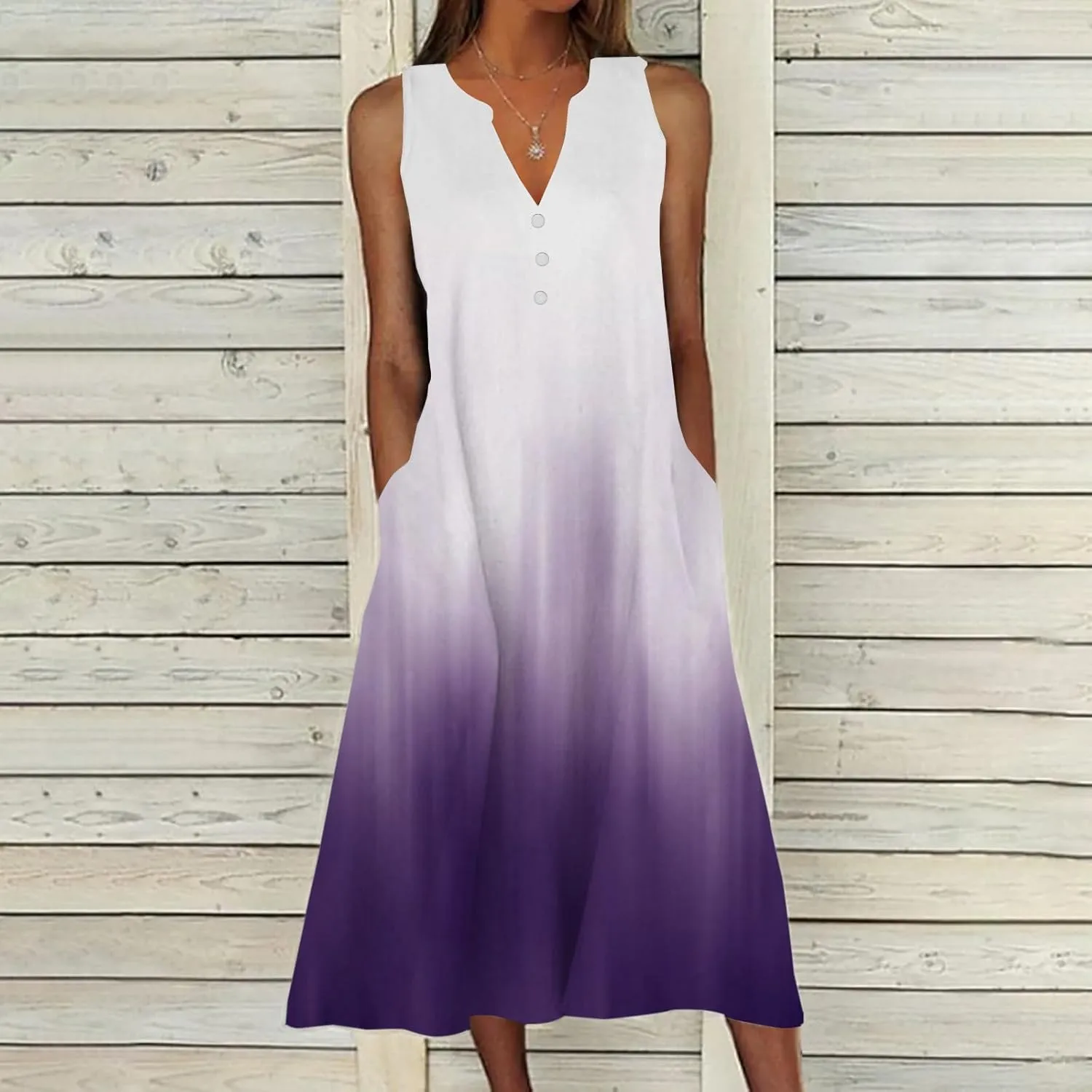 Sleeveless Maxi Dress for Women Summer Casual Crewneck Beach Sundress Flowy Button V Neck Aline Dress Vacation Outfits
