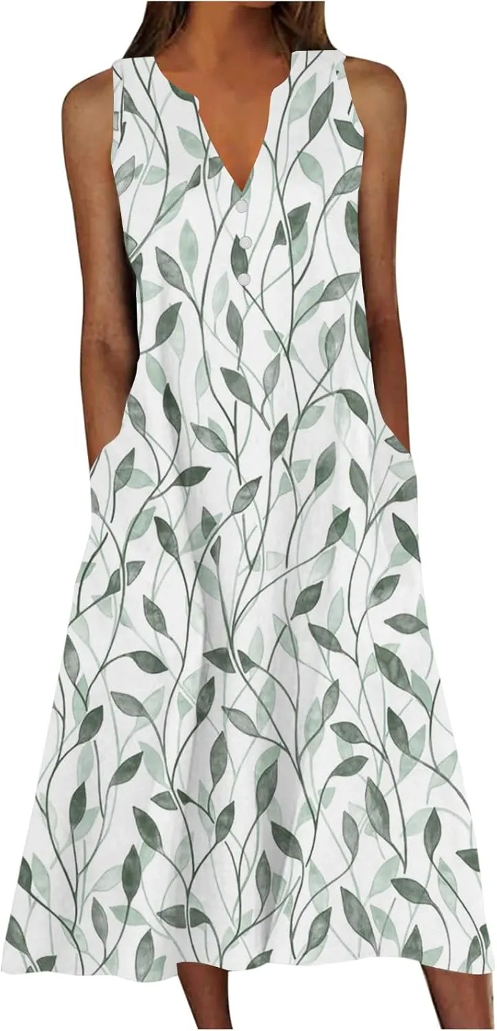 Sleeveless Maxi Dress for Women Summer Casual Crewneck Beach Sundress Flowy Button V Neck Aline Dress Vacation Outfits