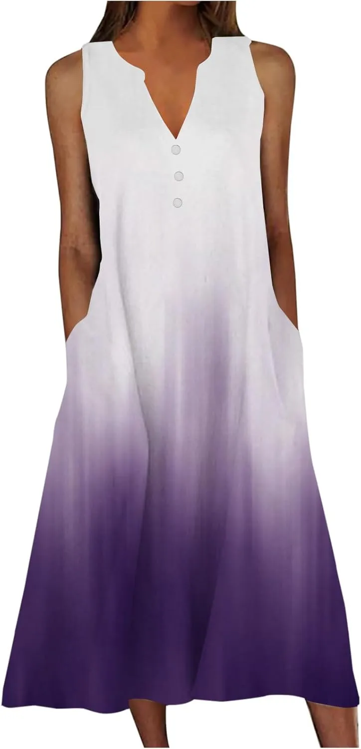 Sleeveless Maxi Dress for Women Summer Casual Crewneck Beach Sundress Flowy Button V Neck Aline Dress Vacation Outfits