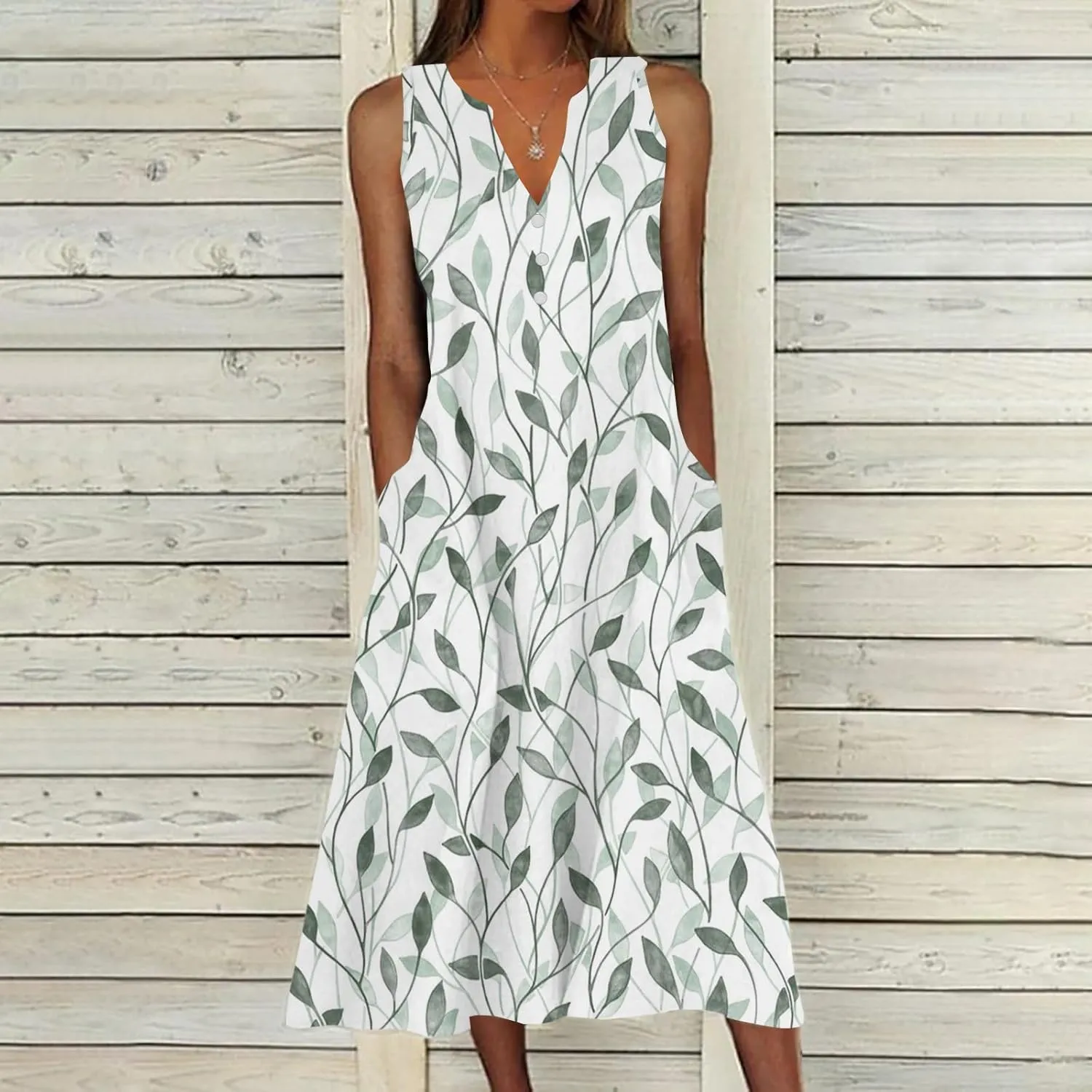 Sleeveless Maxi Dress for Women Summer Casual Crewneck Beach Sundress Flowy Button V Neck Aline Dress Vacation Outfits