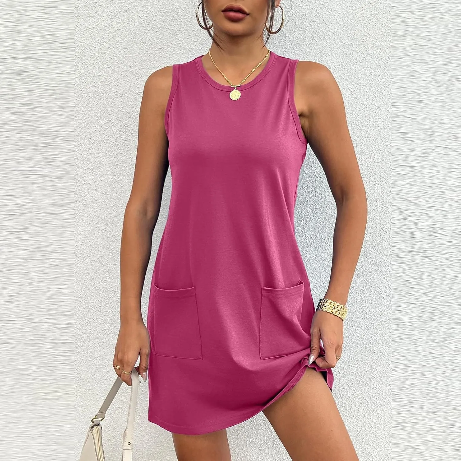 Sleeveless Tshirt Dress Women Summer Casual Crew Neck Sleeveless Sundress Loose Knee Length Beach Sun Dress with Pockets