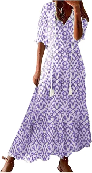 SMIDOW Womens Casual Spring Summer Boho Printed Dress V-Neck Three-Quarter Sleeve Dress A-Line Hide Belly Dress