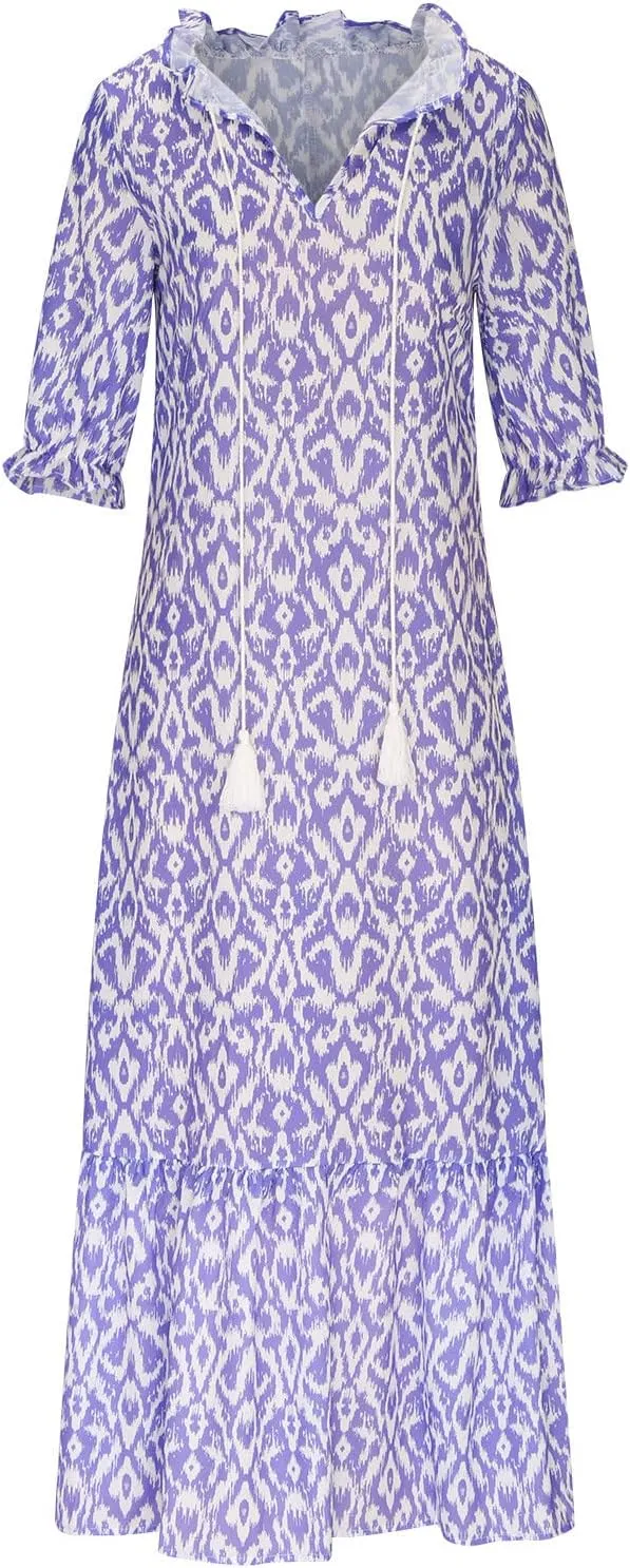 SMIDOW Womens Casual Spring Summer Boho Printed Dress V-Neck Three-Quarter Sleeve Dress A-Line Hide Belly Dress
