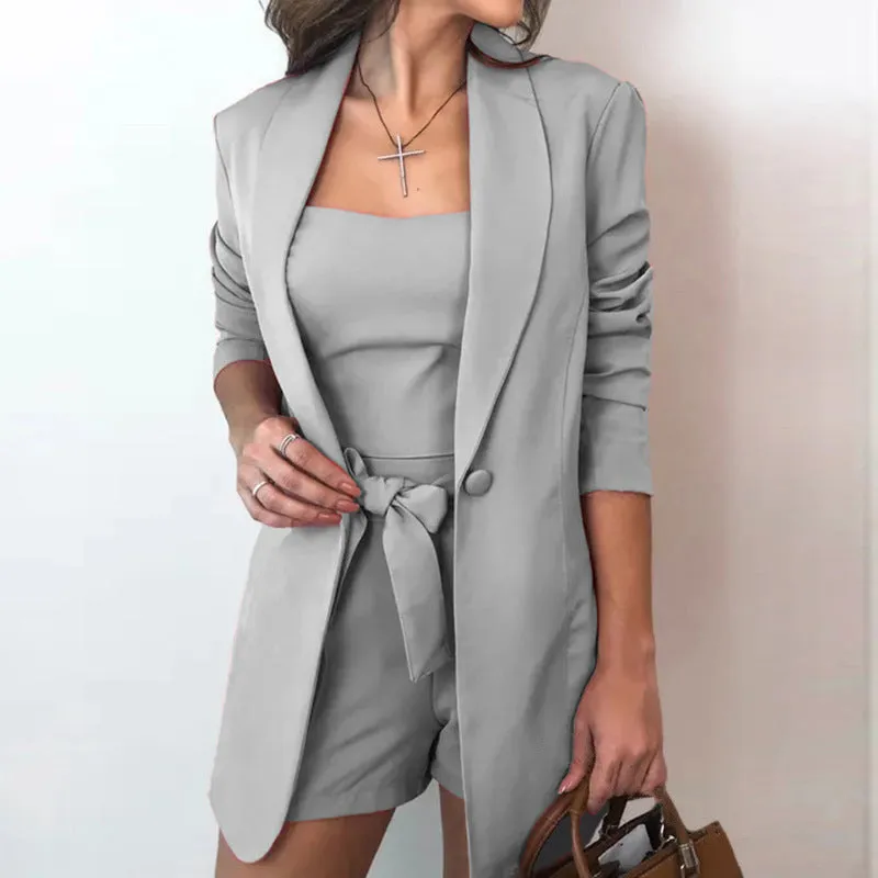 Solid Color Suit Jacket Cotton Blend Fashion Temperament High Waist Shorts Three-piece Vest