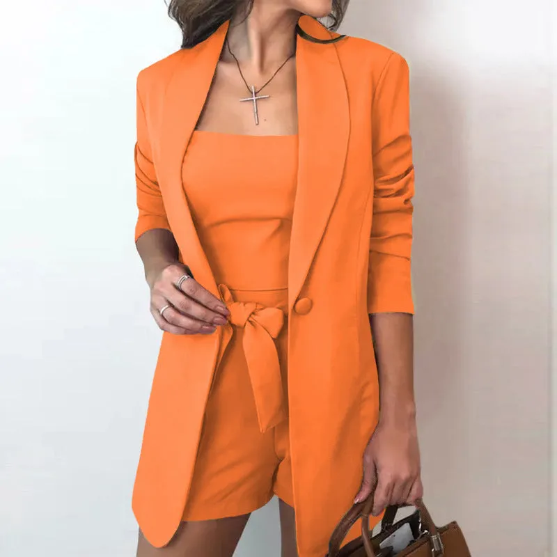 Solid Color Suit Jacket Cotton Blend Fashion Temperament High Waist Shorts Three-piece Vest