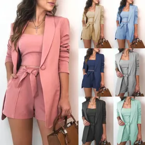 Solid Color Suit Jacket Cotton Blend Fashion Temperament High Waist Shorts Three-piece Vest