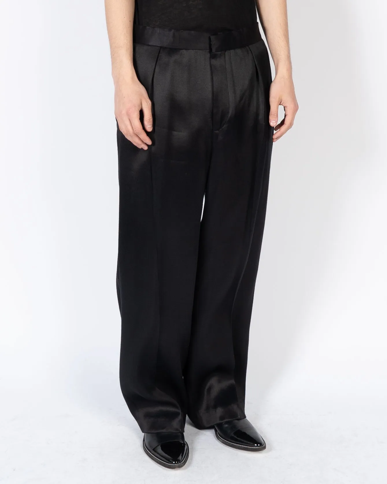 SS15 Black Amorpha Silk Satin Trousers Sample