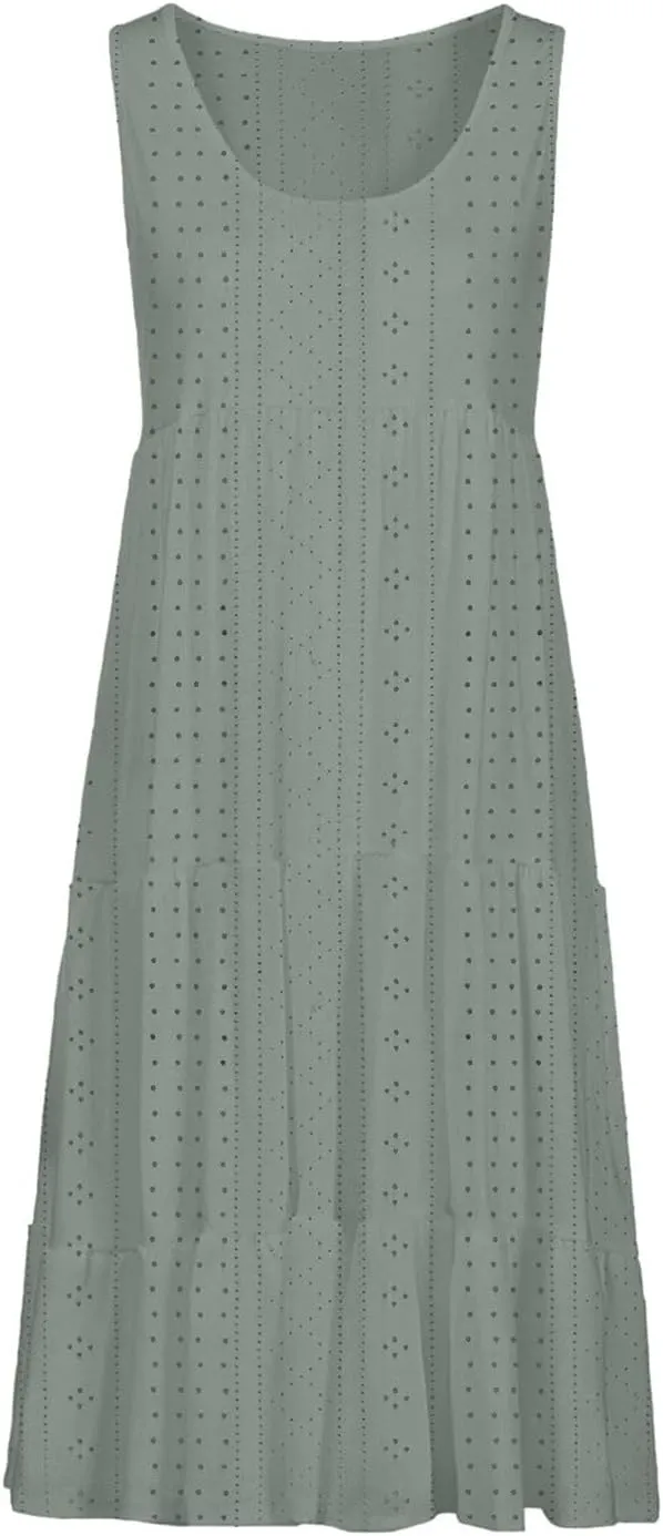 Summer Casual Tank Dress Sleeveless Hollow Out T Shirt Dresses Flowy Ruffle Tiered Swing Mini Beach Vacation Sundress