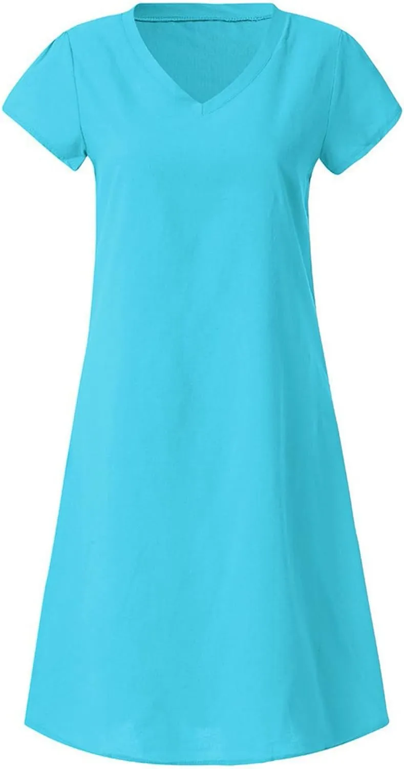 Summer Cotton Linen Dress for Women 2024 Casual Short Sleeve Knee Length Dresses Loose Vintage A Line Sundress