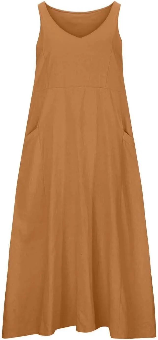 Summer Cotton Linen Long Dress for Women 2025 Sleeveless Boho Flowy Dresses Plus Size Loose Comfy Dress with Pockets