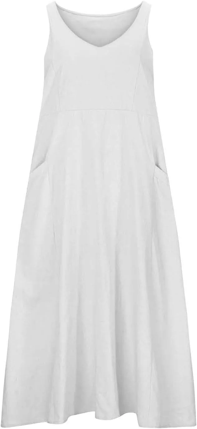 Summer Cotton Linen Long Dress for Women 2025 Sleeveless Boho Flowy Dresses Plus Size Loose Comfy Dress with Pockets