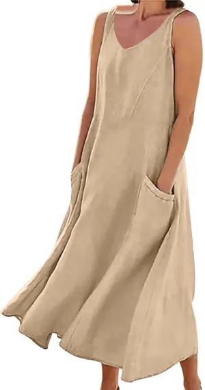 Summer Cotton Linen Long Dress for Women 2025 Sleeveless Boho Flowy Dresses Plus Size Loose Comfy Dress with Pockets