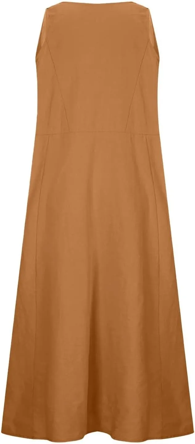 Summer Cotton Linen Long Dress for Women 2025 Sleeveless Boho Flowy Dresses Plus Size Loose Comfy Dress with Pockets