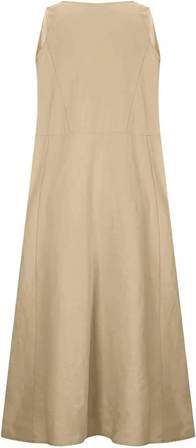 Summer Cotton Linen Long Dress for Women 2025 Sleeveless Boho Flowy Dresses Plus Size Loose Comfy Dress with Pockets